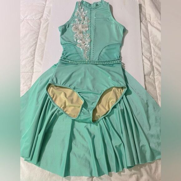 Glamour Custom solo dance costume lyrical mint aqua blue leotard stoned MA adult - Picture 3 of 11